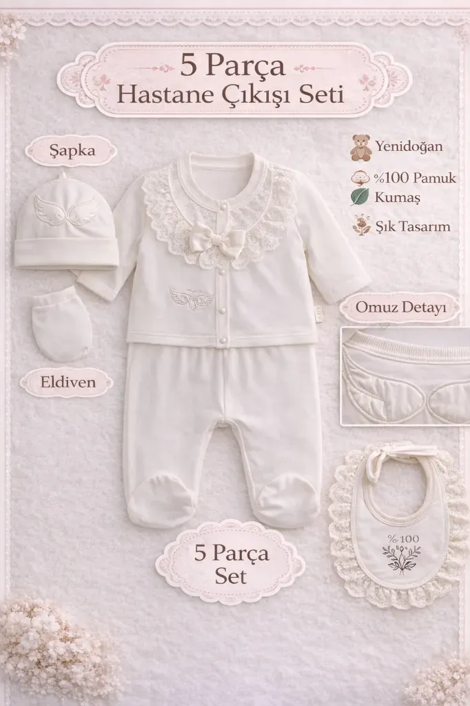 Melek Dokunuş Yenidoğan Bebek Seti %100 Pamuk Kız Bebek 5 Parça Hastane Çıkışı