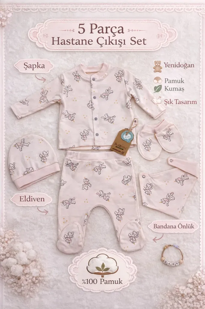 Unicorn Yenidoğan Bebek Seti %100 Pamuk 5 Kız Bebek Parça Hastane Çıkışı