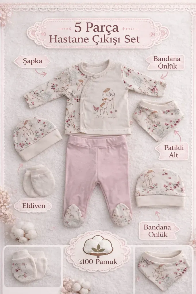 Bambi Masalı Yenidoğan Bebek Seti %100 Pamuk Kız Bebek 5 Parça Hastane Çıkışı