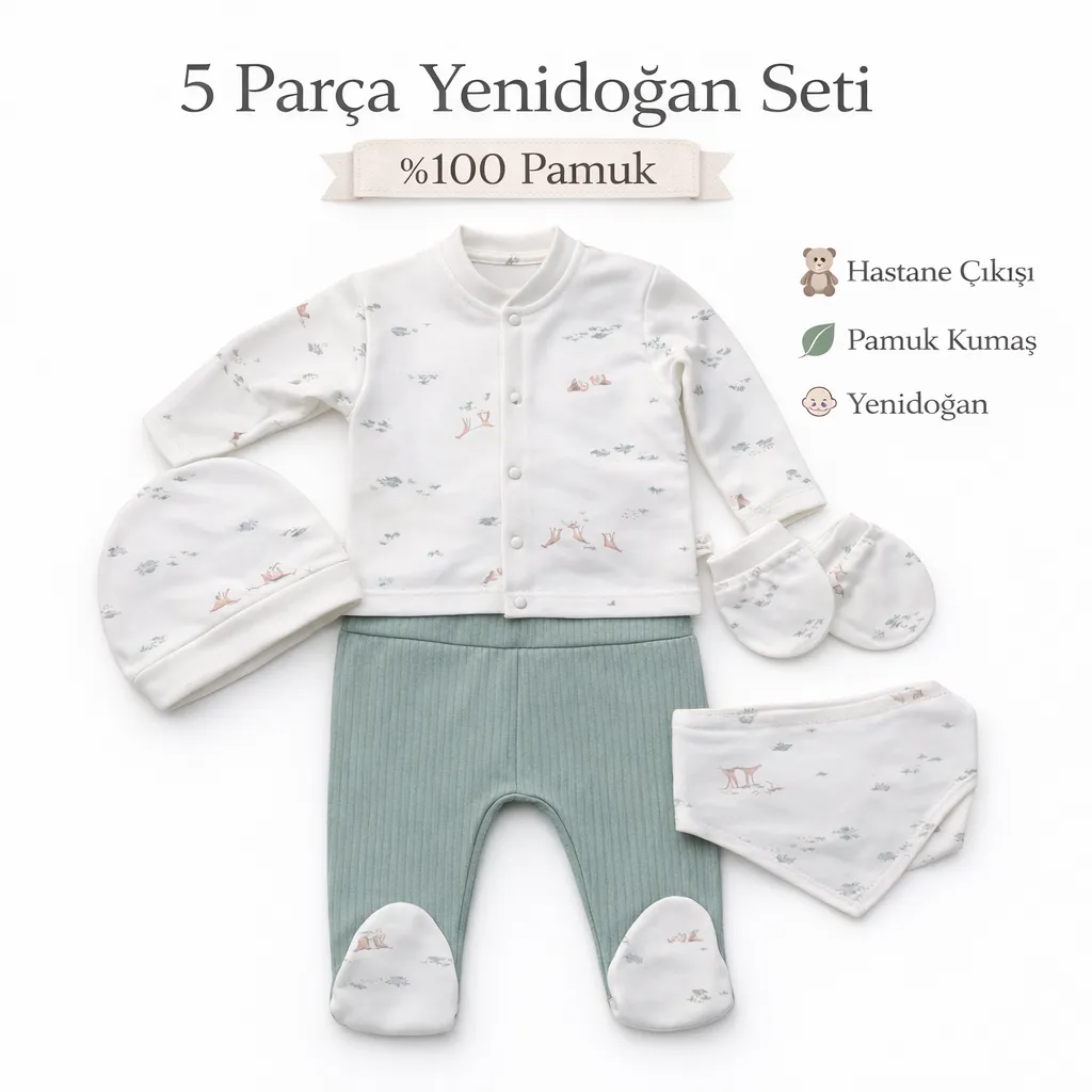 Doğa Dokunuşu Yenidoğan Bebek Seti %100 Pamuk Erkek Bebek 5 Parça Hastane Çıkışı