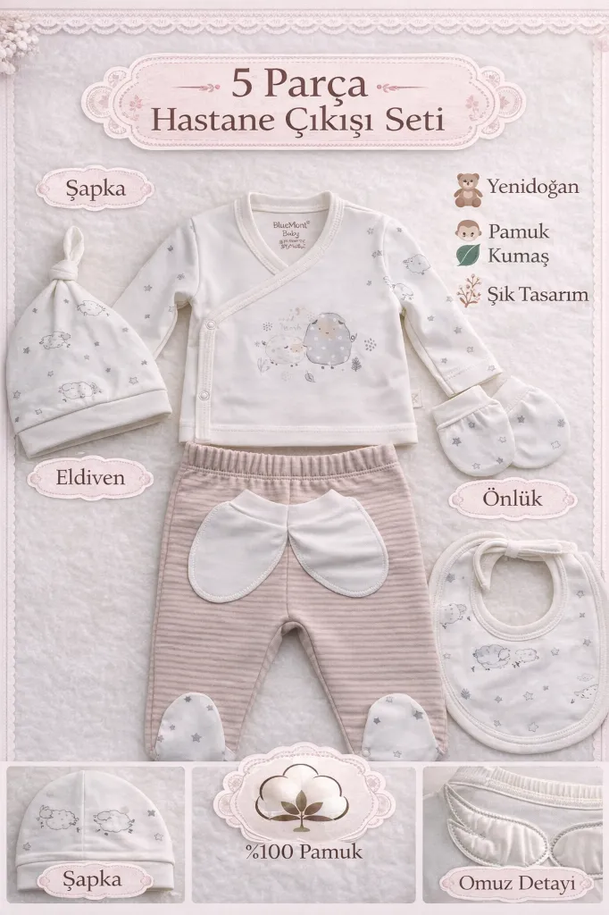 Kuzu Rüyası Yenidoğan Bebek Seti %100 Pamuk Erkek Bebek 5 Parça Hastane Çıkışı