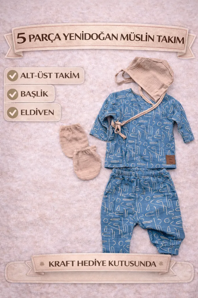 Bohem Doğa Yenidoğan Müslin Bebek Seti 5 Parça Erkek Bebek Pamuk Hastane Çıkışı