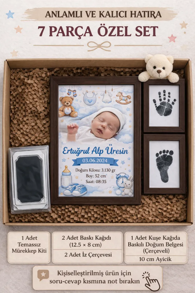 Kişiye Özel 7 Parça Erkek Bebek Hatıra Seti – El Ayak İzi ve Doğum Çerçevesi (0-1 Yaş)