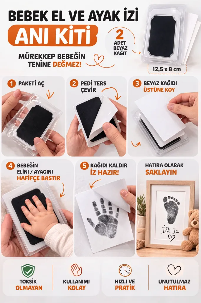 Temassız El Ayak İzi Kiti ve Çerçeve – Bebek Hatıra Seti (0-12 Ay)