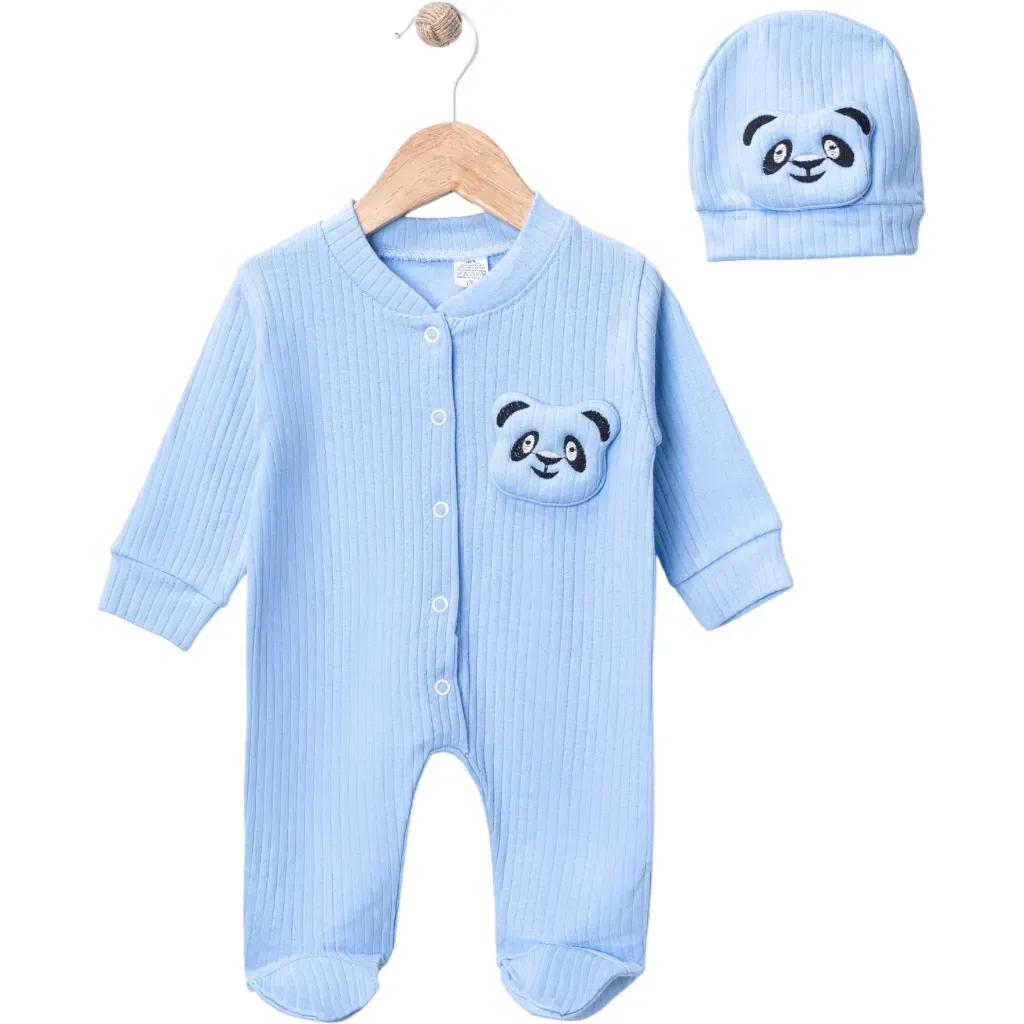 Pandalı Erkek Bebek Tulum Set – Şapkalı %100 Pamuk 2’li Takım (0-9 Ay)