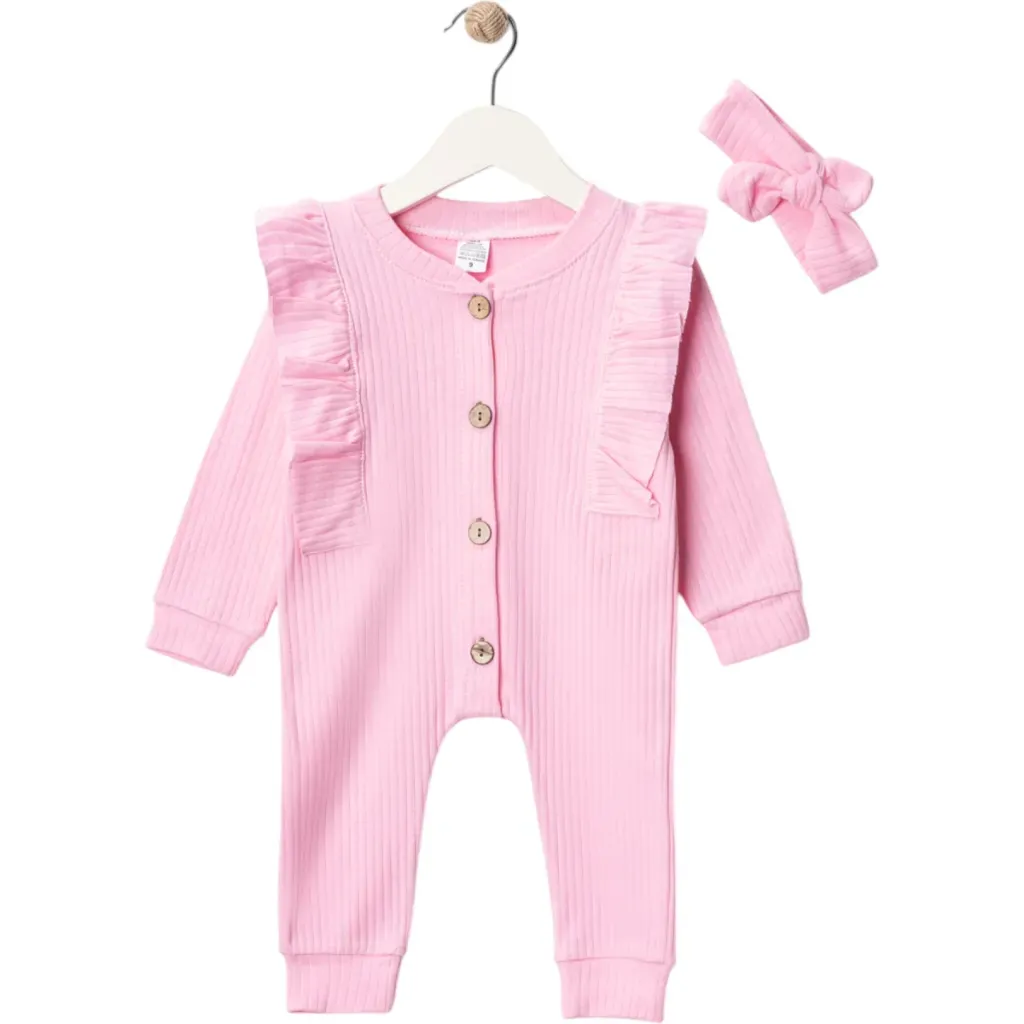 Fırfırlı Kız Bebek Tulum Set – Bandanalı %100 Pamuk 2’li Takım (0-9 Ay)