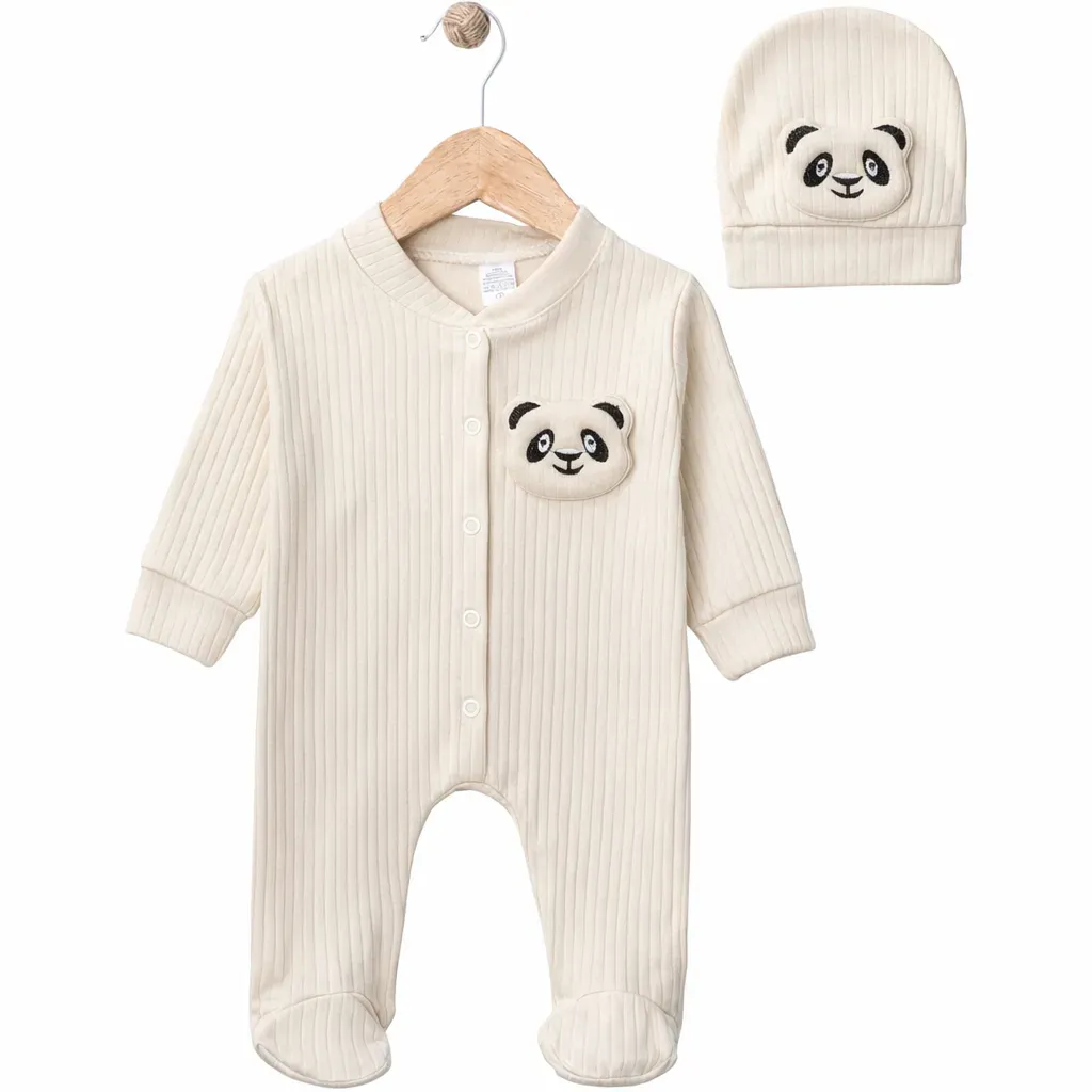 Krem Pandalı Bebek Tulum Set – Şapkalı %100 Pamuk 2’li Takım (0-9 Ay)